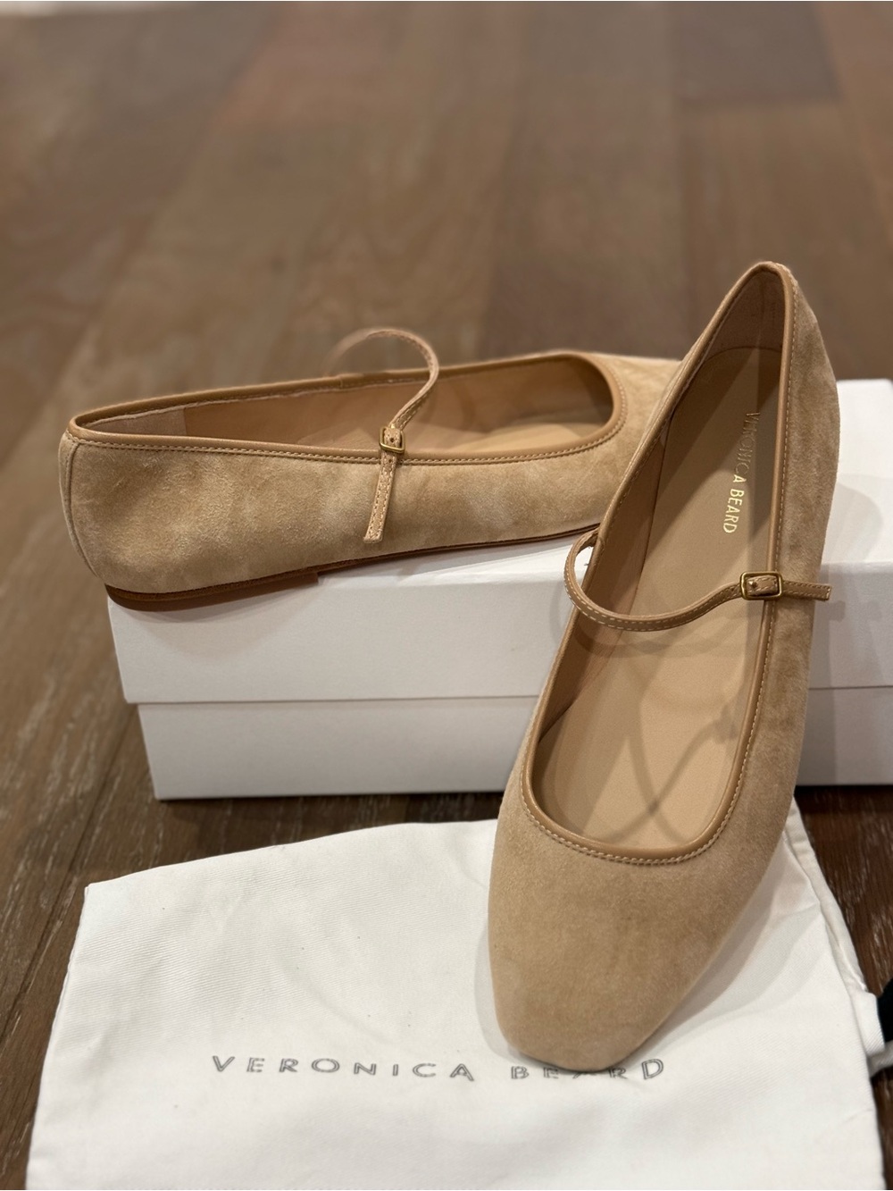 Veronica Beard Tan Suede Mary Jane Flats with Slim Strap